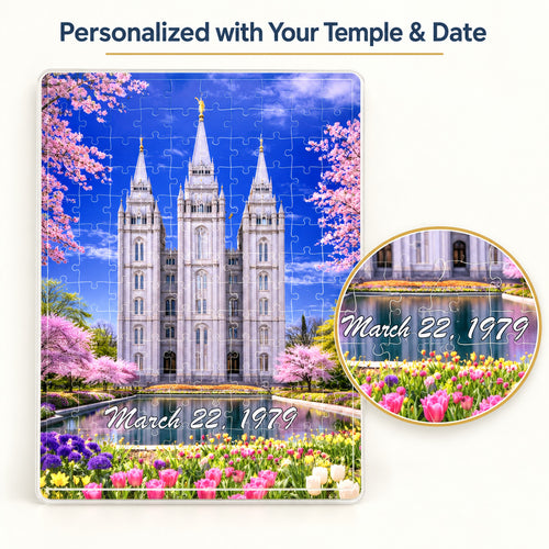 	Rectangular temple photo puzzle with a personalized date and a close-up of the date area.