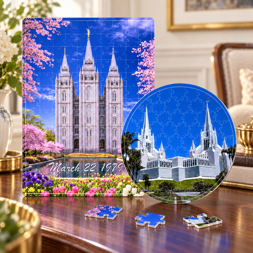 Rectangular and round temple photo puzzles displayed on a polished table in a traditional room.